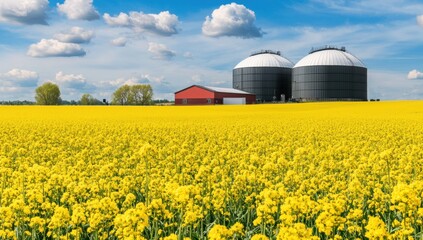 Bright Yellow Canola Field with Silos and Red Barn Under Blue Sky