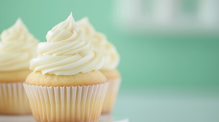 Freshly Baked Vanilla Cupcakes With Creamy Frosting on a Soft Pastel Green Background Perfect for Bakery Menus and Spring Celebrations