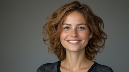 Fototapeta premium Cheerful woman with natural curls smiling in soft studio lighting for positive and calm vibes