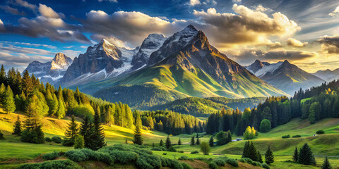 Obraz premium Tall mountains with snow-capped peaks tower over lush green hills and dense forests, illuminated by warm sunlight during a vibrant sunset