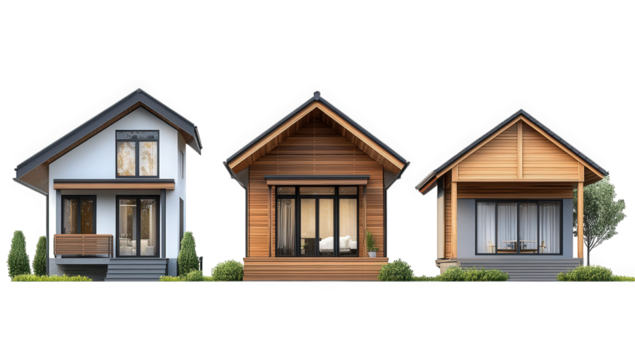 three distinct house designs. each with unique architectural styles and materials the first house features a modern aesthetic with large windows and a light color scheme. while the second has a warm w