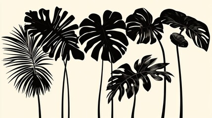 Silhouette of tropical leaves on beige background.