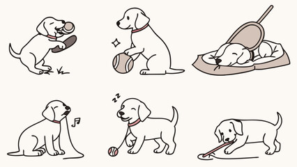 Cute Labrador Puppy Activities: A playful collection of six hand-drawn illustrations depicting a Labrador puppy engaged in various activities, including fetching, playing with toys, sleeping.