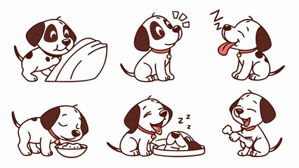 Adorable Puppy Activities: Six charming illustrations of a cute puppy in various playful and heartwarming poses, perfect for pet-themed projects. 