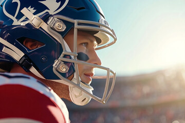 Side view of an American football player wearing a helmet on a sunny day.