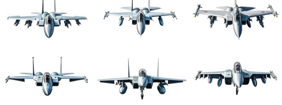 six stylized illustrations of fighter jets. each depicted from different angles. emphasizing their aerodynamic design and military purpose the artwork highlights the sleek lines and features typical o