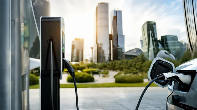 Electric vehicle charging at modern urban station, highlighting sustainable transportation infrastructure and green energy solutions for eco friendly urban mobility. implementation green projects