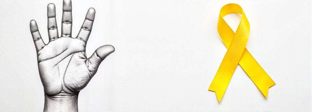 Yellow ribbon beside hand-drawn open hand on white background