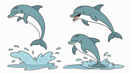 Playful Dolphin Poses:  Four adorable cartoon dolphins leap out of the water, showcasing different poses and expressions.  Perfect for children's books, educational materials, or fun.