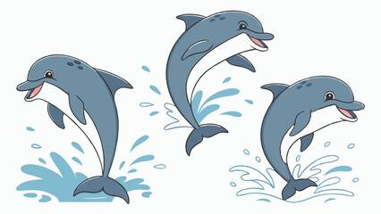 Playful Dolphin Trio: Three cartoon dolphins leap joyfully from the ocean, creating playful splashes. This cheerful illustration is perfect for adding a touch of whimsy to any design.  © TShirt Empire