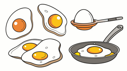 Fried Egg Set: A colorful illustration of various fried eggs in different stages of cooking, from whole egg to golden yolk with crispy edges, capturing the essence of a breakfast staple. 