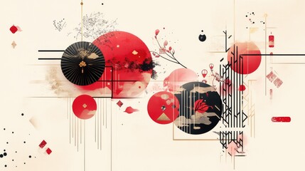 Simple abstract Chinese New Year design with geometric red and gold elements, subtly incorporating traditional symbols.