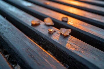 An evocative scene featuring scattered leaves on textured wooden planks kissed by sunset light, conveying a message of nature's beauty and fleeting moments.