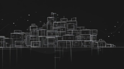 Wireframe city skyline at night.