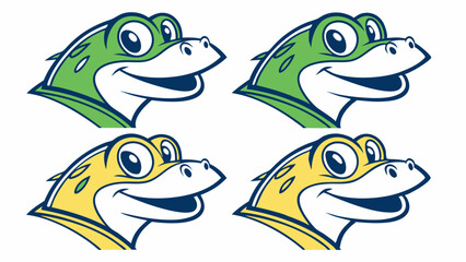 Jolly Froggy Friends: Four cheerful frog mascots in various color schemes, perfect for branding or children's products.  Each frog boasts a friendly smile and expressive eyes. 