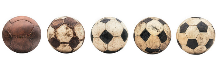 lineup of four soccer balls. showcasing their evolution in design and wear the first ball is brown and vintage. while the subsequent balls display various degrees of wear and tear. transitioning from