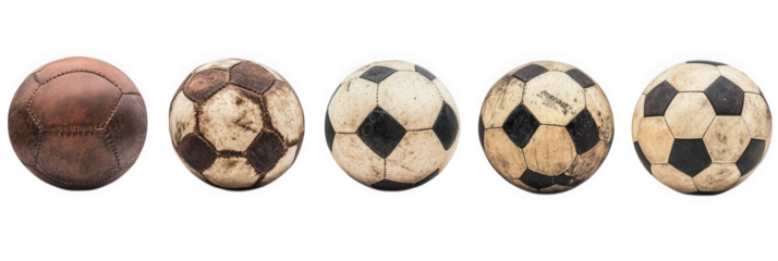 lineup of four soccer balls. showcasing their evolution in design and wear the first ball is brown and vintage. while the subsequent balls display various degrees of wear and tear. transitioning from
