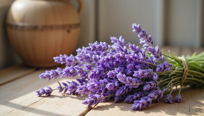 Fototapeta premium Lavender bouquet on wooden table with rustic pottery