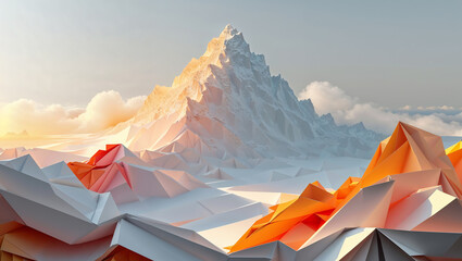Low poly mountains rising to the sky at sunset