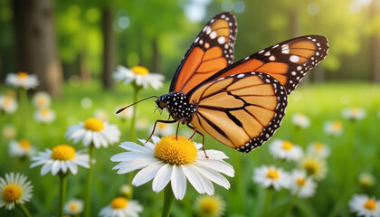 Naklejka premium Butterfly resting on a daisy flower in a lush green meadow