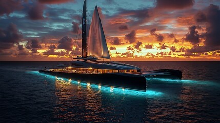 Luxurious black catamaran sailing at sunset.