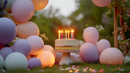 Garden birthday setup with pastel balloons, glowing cake candles and shimmering confetti enhancing the festive ambiance