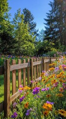 Fototapeta premium Beautiful garden path leading through vibrant flowers and greenery on a sunny day