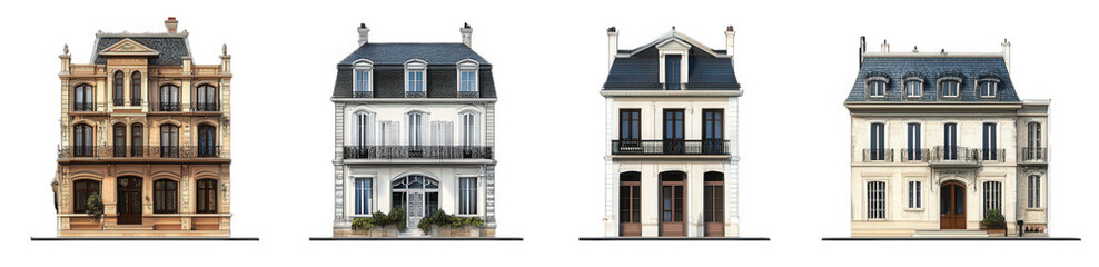Obraz premium four distinct architectural styles of houses. showcasing variations in design elements such as balconies. roofs. and facades each house represents a unique aesthetic. highlighting the diversity in res