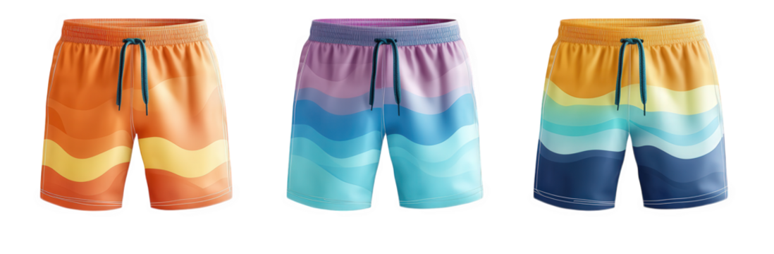 three pairs of colorful swim shorts. each featuring a unique wave pattern in vibrant hues these shorts are designed for leisure activities. particularly swimming or beach outings. emphasizing style an