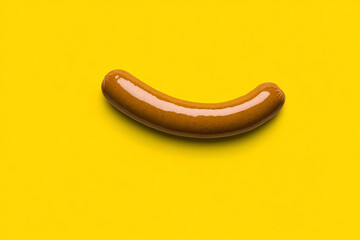 Grilled barbecue sausage on yellow background. Advertising banner. Copy space

