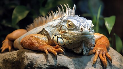 Fototapeta premium Colorful iguana basking on a rock by the ocean during a sunny day with clear blue skies