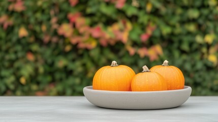 Pumpkins on Ceramic Dish in Garden with Green and Red Foliage Background Perfect for Seasonal Autumn Halloween Decor and Outdoor Settings