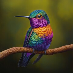 Obraz premium Colorful Hummingbird Perched on Branch Against Blurred Green Background