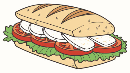 Fresh Mozzarella & Tomato Sub: A mouthwatering illustration of a classic Italian-style sandwich, featuring fresh mozzarella cheese, juicy tomatoes, and crisp lettuce tucked inside a crusty baguette.