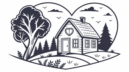 Naklejka premium Heartfelt Home: A charming cottage nestled amidst nature, embraced by a heart-shaped frame, evokes a sense of warmth, love, and belonging. Perfect for home decor, real estate, and heartfelt messages.