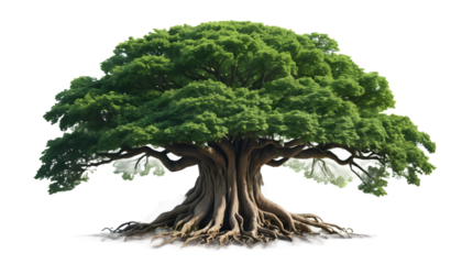 Lush Green Tree with Striking Roots Against Transparent Background