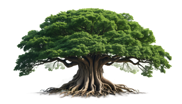 Lush Green Tree with Striking Roots Against Transparent Background