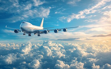 Obraz premium Airplane flying above fluffy clouds at sunset.