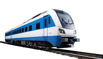 Naklejka premium Modern Blue and White Commuter Train on Tracks, Ready for Compositing