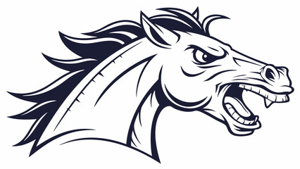 Wild Horse Head Mascot: A fierce and determined horse head mascot, captured in a powerful vector illustration, embodying strength, speed, and wild energy. The horse's mane flows dramatically.