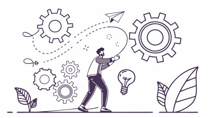 Businessman Turning Gears of Innovation: A minimalist illustration of a man pushing a cogwheel, symbolizing the power of individual effort and innovation.