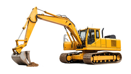 Full shot of a yellow excavator with a transparent background.