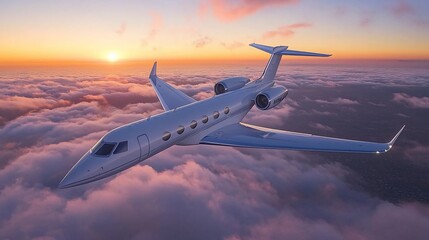 Fototapeta premium Private jet flying above clouds at sunset. (4)