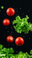 Fresh Green Lettuce and Tomatoes in Super Slow Motion with Probe Lens Highlighting Juicy Vibrant Colors on a Black Background