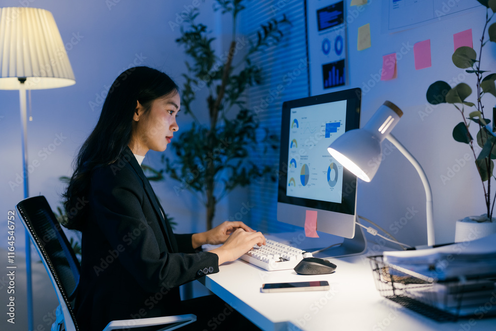 Poster young professional woman sitting at desk typing on keyboard and using computer to analyze financial 