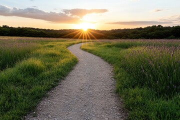 Obraz premium A picturesque winding path through lush lavender fields bathed in the warm glow of sunset, inviting tranquility and a sense of peaceful exploration amidst nature.