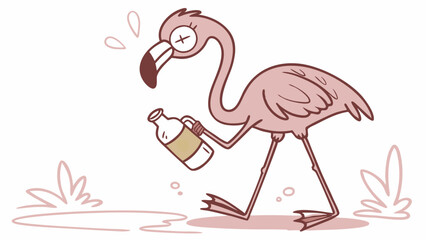 Hangover Flamingo: A cartoon flamingo stumbles with a bottle in hand, showing the hilarious consequences of a wild night out.  