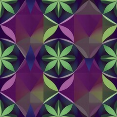 Geometric Floral Pattern:  A vibrant and mesmerizing seamless pattern featuring a captivating blend of geometric shapes and floral motifs in shades of green, purple, and blue.  