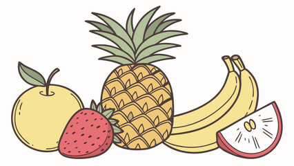 Fresh Fruit Delight: A vibrant collection of hand-drawn fruits - a pineapple, apple, banana, and strawberry - bursting with color and detail.