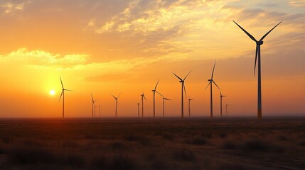 Wind farm in a dry landscape at golden hour